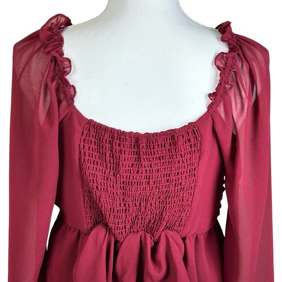 Vigoss Ruffle Chiffon Top Size Large Cherry Red Peplum Rushing Smocked Sheer - Picture 6 of 12